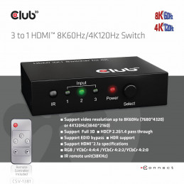 CLUB3D 3 to 1 HDMI™ 8K60Hz 4K120Hz Switch