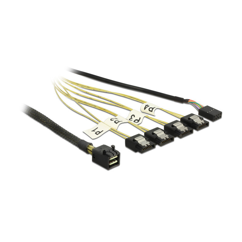 DeLOCK 1m, Mini SAS HD SFF-8643 4xSATA 7p Musta, Hopea, Keltainen