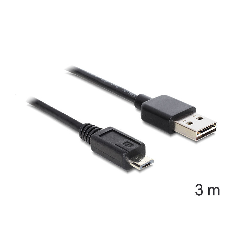 DeLOCK EASY-USB 2.0-A - USB 2.0 micro-B, 3m USB-kaapeli USB A Micro-USB B Musta