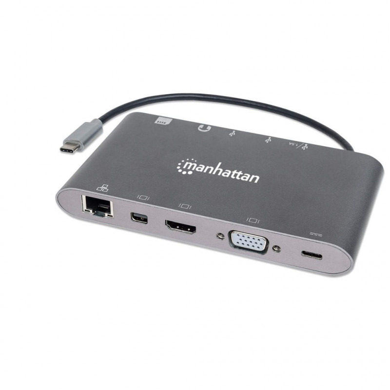 Manhattan 152808 kannettavien tietokoneiden telakka ja porttitoistin Langallinen USB 3.2 Gen 1 (3.1 Gen 1) Type-C Hopea