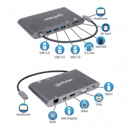 Manhattan 152808 kannettavien tietokoneiden telakka ja porttitoistin Langallinen USB 3.2 Gen 1 (3.1 Gen 1) Type-C Hopea