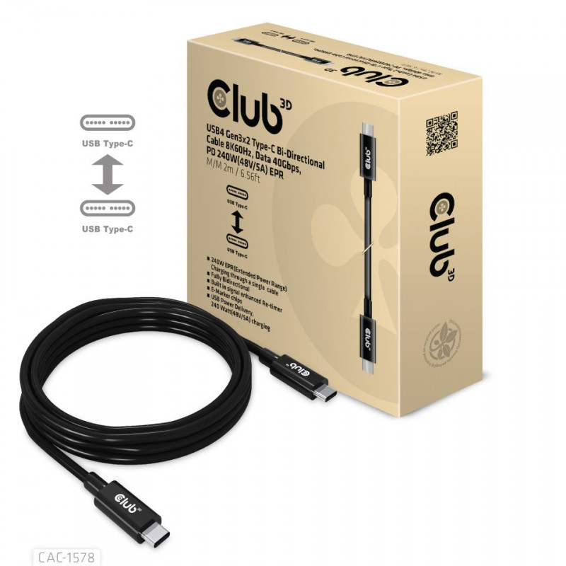 CLUB3D USB4 Gen3x2 Type-C Bi-Directional Cable 8K60Hz, Data 40Gbps, PD 240W(48V 5A) EPR M M 2m   6.56ft