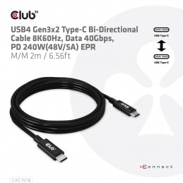 CLUB3D USB4 Gen3x2 Type-C Bi-Directional Cable 8K60Hz, Data 40Gbps, PD 240W(48V 5A) EPR M M 2m   6.56ft