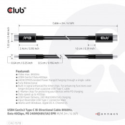 CLUB3D USB4 Gen3x2 Type-C Bi-Directional Cable 8K60Hz, Data 40Gbps, PD 240W(48V 5A) EPR M M 2m   6.56ft
