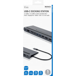 Deltaco USBC-DOCK2 kannettavien tietokoneiden telakka ja porttitoistin Langallinen USB 3.2 Gen 1 (3.1 Gen 1) Type-C Harmaa