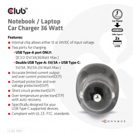 CLUB3D USB KFZ-Ladegerät 1xUSB C 2xUSB A 36W 12 24V retail