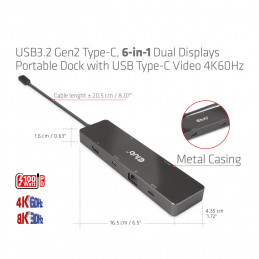 CLUB3D USB3.2 Gen2 Type-C, 6-in-1 Dual Displays Portable Dock with USB Type-C Video 4K60Hz