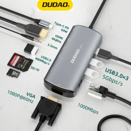 DUDAO A15PRO kannettavien tietokoneiden telakka ja porttitoistin Langallinen USB 3.2 Gen 1 (3.1 Gen 1) Type-A + Type-C Harmaa