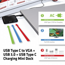 CLUB3D USB Type C to VGA + USB 3.0 + USB Type C Charging Mini Dock