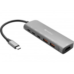 Sandberg USB-C Dock HDMI + 2xUSB-A + 2xUSB-C + PD100W Langallinen USB 3.2 Gen 1 (3.1 Gen 1) Type-C Alumiini