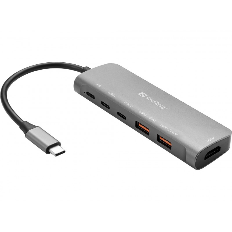 Sandberg USB-C Dock HDMI + 2xUSB-A + 2xUSB-C + PD100W Langallinen USB 3.2 Gen 1 (3.1 Gen 1) Type-C Alumiini