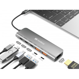 Sandberg USB-C Dock HDMI + 2xUSB-A + 2xUSB-C + PD100W Langallinen USB 3.2 Gen 1 (3.1 Gen 1) Type-C Alumiini