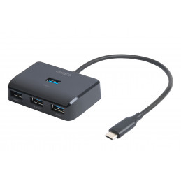 Deltaco USB-C-keskitin, 4 USB-A-porttia, 5 Gbit s, lisävirtalähde, musta