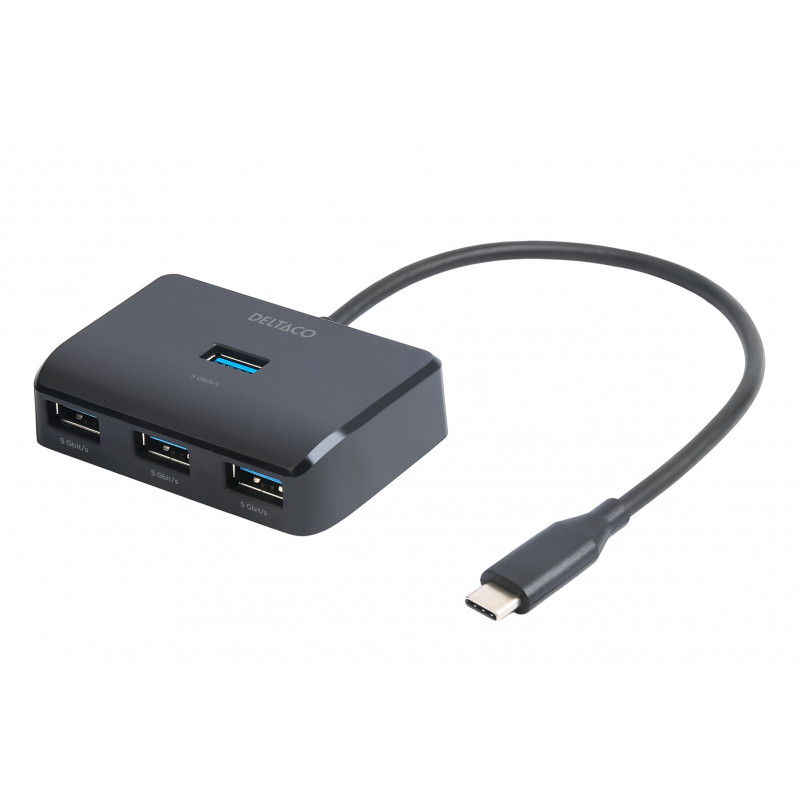 Deltaco USB-C-keskitin, 4 USB-A-porttia, 5 Gbit s, lisävirtalähde, musta