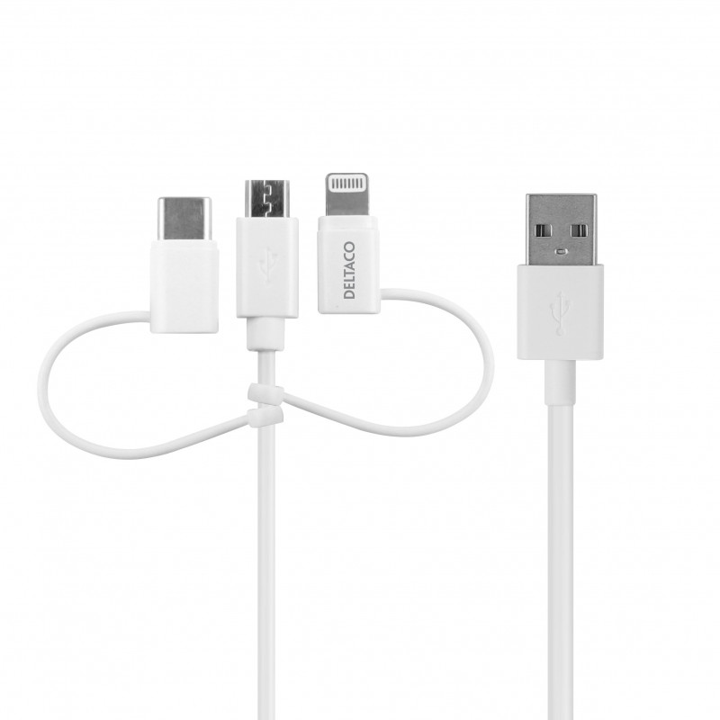 Deltaco IPLH-441 USB-kaapeli USB 2.0 1 m USB A USB C Micro USB A Lightning Valkoinen