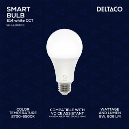 Deltaco SMART HOME LED-älylamppu, E27, Wi-Fi, 2,4GHz, 9W, 806lm, valkoinen