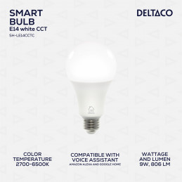 Deltaco SMART HOME LED-älylamppu, E27, Wi-Fi, 2,4GHz, 9W, 806lm, valkoinen