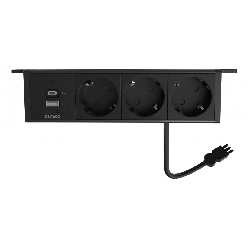Deltaco OFFICE Under-desk Outlet angled,3 outlet,1x21W A+C USB,GST18