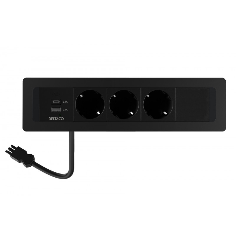 Deltaco Pöytään upotettava virtapaneeli, 3 pistoras., 1x21W A+C USB-laturi, GST18, ketjutus