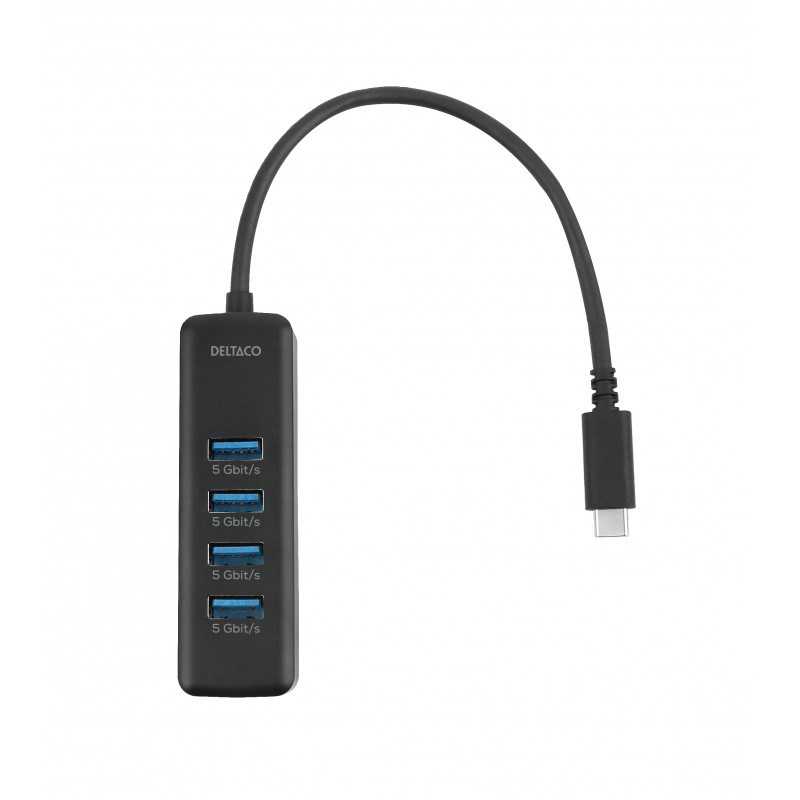 Deltaco USB-C-hubi, 5 Gbps, 4x USB-A, ohut, musta
