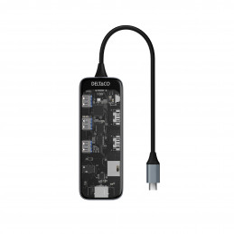Deltaco Läpinäkyvä USB-C-telakointiasema 3xUSB-A   SD & microSD   RJ45   2x HDMI   3.5 mm