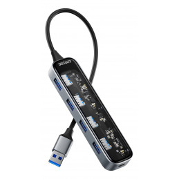 Deltaco USB-A Hub, 5 Gbit s, 4x USB-A, läpinäkyvä