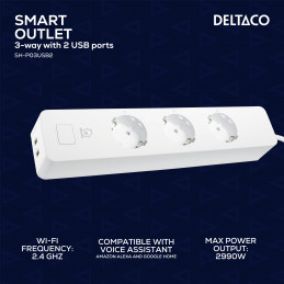Deltaco SMART HOME älyjatkojohto, Wi-Fi 2,4GHz, 3x CEE 7 3, 2x USB-A, valk.