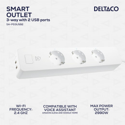 Deltaco SMART HOME älyjatkojohto, Wi-Fi 2,4GHz, 3x CEE 7 3, 2x USB-A, valk.