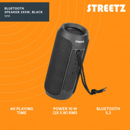 Streetz S250, Bluetooth-kaiutin, 2x5W, musta