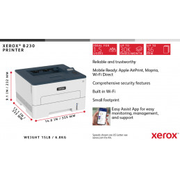 Xerox B230, A4, 34 s min langaton, 2-puolinen tulostin, PCL5e 6, 2 alustaa, yht. 251 arkkia