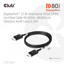 CLUB3D DisplayPort™ 2.1 Bi-Directional VESA DP80 Certified Cable 4K120Hz, 8K60Hz or 10K60Hz M M 1.6m 5.25ft