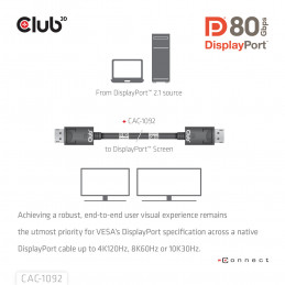 CLUB3D DisplayPort™ 2.1 Bi-Directional VESA DP80 Certified Cable 4K120Hz, 8K60Hz or 10K60Hz M M 1.6m 5.25ft