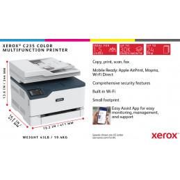 Xerox C235, A4, 22 s min, langaton, kopiointi tulostus skannaus faksaus, PS3 PCL5e 6 ADF, 2 alustaa, yht. 251 arkkia