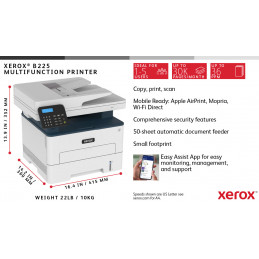 Xerox B225, A4, 34 s min, langaton, kaksipuolinen kopiointi tulostus skannaus, PS3 PCL5e 6 ADF, 2 alustaa, yht. 251 arkkia