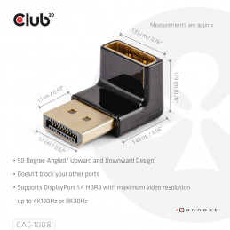 CLUB3D DISPLAYPORT MALE TO DISPLAYPORT 1.4 FEMALE 90 DEGREE ANGLED ADAPTER 4K120HZ M F - Adapter