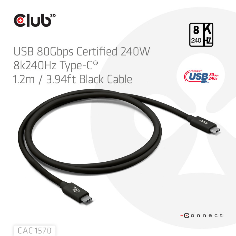 CLUB3D Kabel USB C zertifi. PD240W 4K540Hz 80Gbps 1.2m St St retail - Kabel - Digital Daten USB-kaapeli