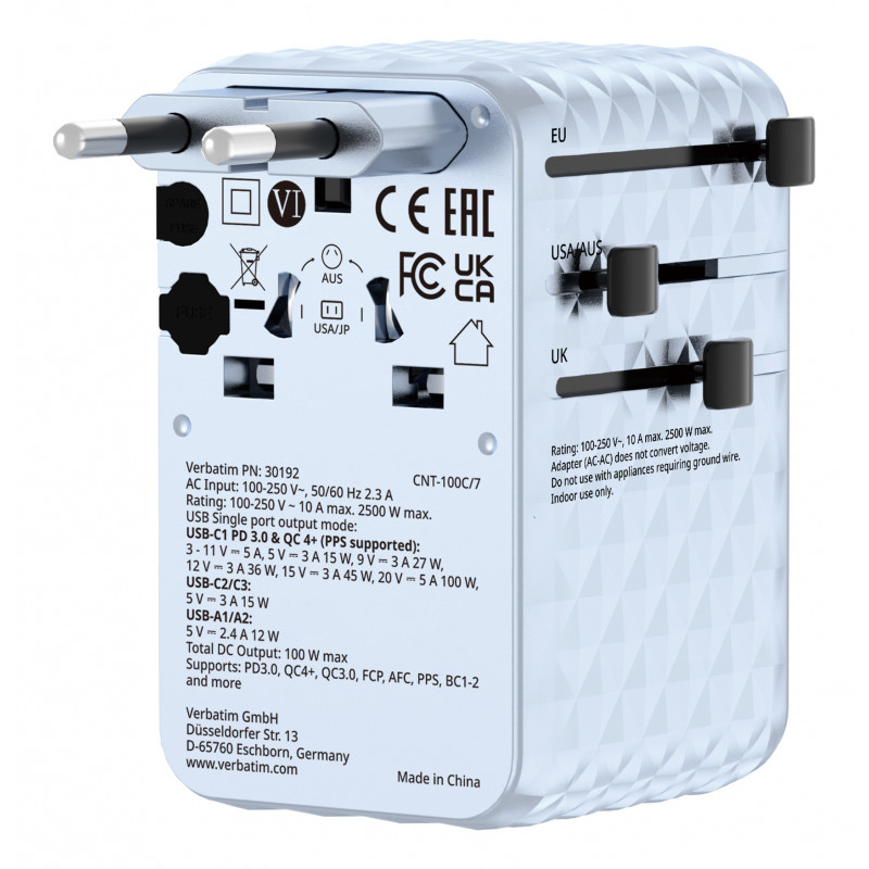 Verbatim 30192 mobiililaitteen laturi Universaali Sininen AC Pikalataus Sisätila