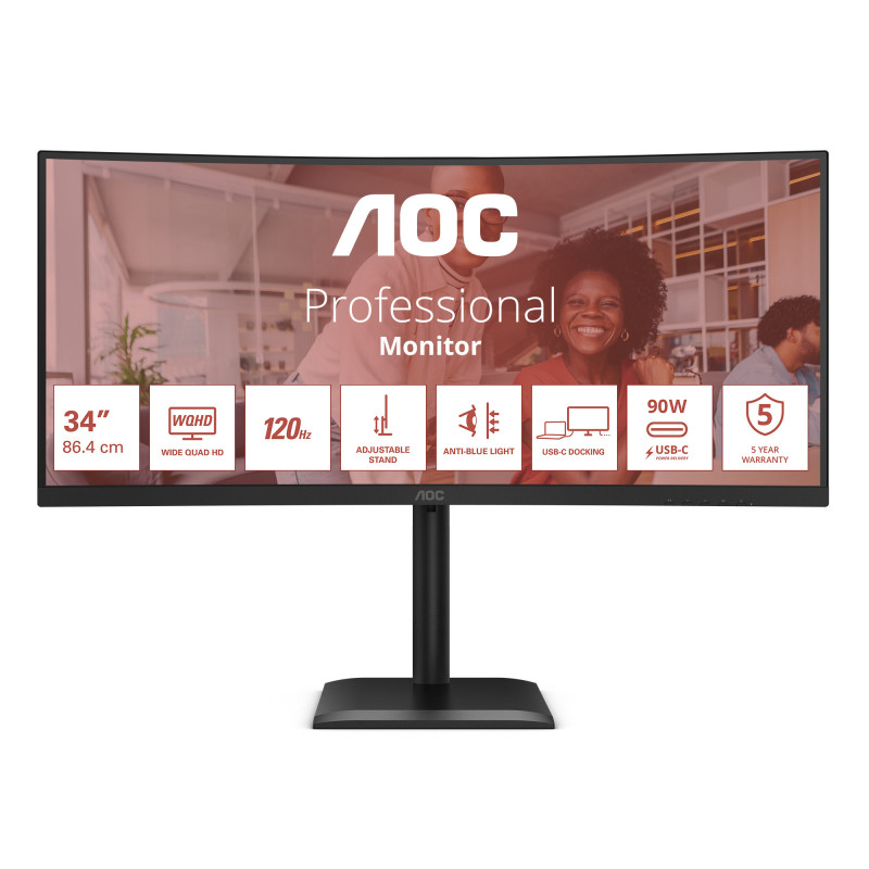 AOC E4 CU34E4CV tietokoneen litteä näyttö 86,4 cm (34") 3440 x 1440 pikseliä UltraWide Quad HD LCD musta
