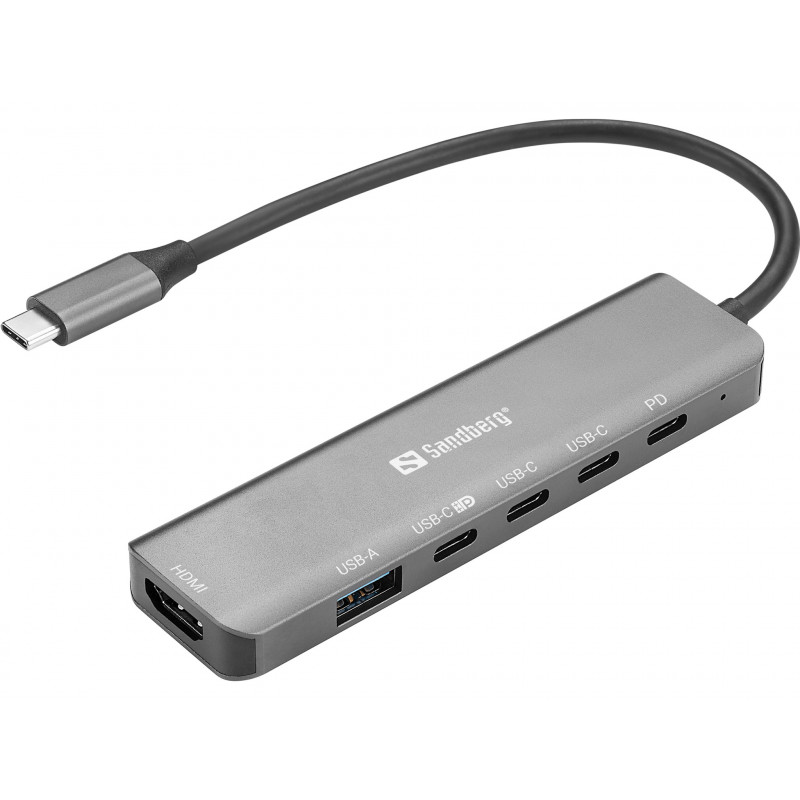 Sandberg 136-77 kannettavien tietokoneiden telakka ja porttitoistin Langallinen USB 3.2 Gen 1 (3.1 Gen 1) Type-C Harmaa