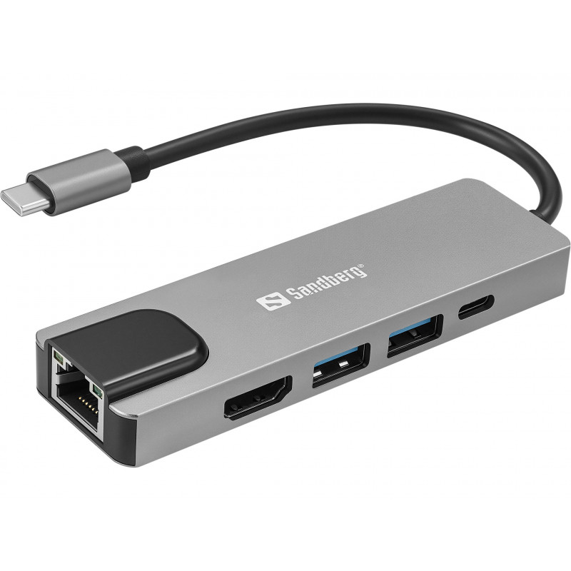 Sandberg 336-99 kannettavien tietokoneiden telakka ja porttitoistin Langallinen USB 3.2 Gen 1 (3.1 Gen 1) Type-C Hopea