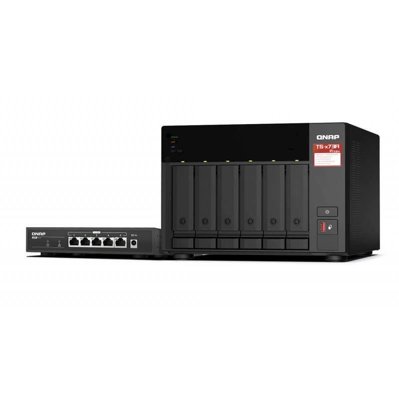 QNAP TS-673A-SW5T NAS- ja tallennuspalvelimet Tower Ryzen Embedded V1500B 8 GB DDR4 0 TB QNAP QTS musta