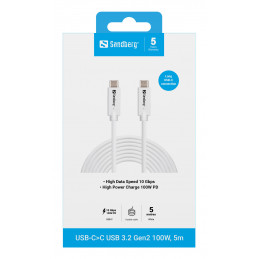 Sandberg 136-76 USB-kaapeli USB 3.2 Gen 2 (3.1 Gen 2) 5 m USB C Valkoinen