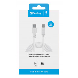 Sandberg 509-23 USB-kaapeli USB 3.2 Gen 1 (3.1 Gen 1) 1,8 m USB A USB B Valkoinen