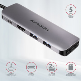 Axagon HMC-5 kannettavien tietokoneiden telakka ja porttitoistin Langallinen USB 3.2 Gen 1 (3.1 Gen 1) Type-C Harmaa