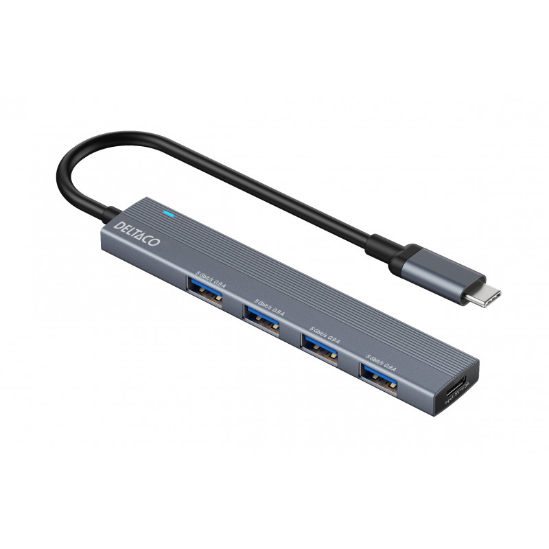 Deltaco USB-C hub, 5 Gbps, 4x USB-A female, slim, aluminum, grey