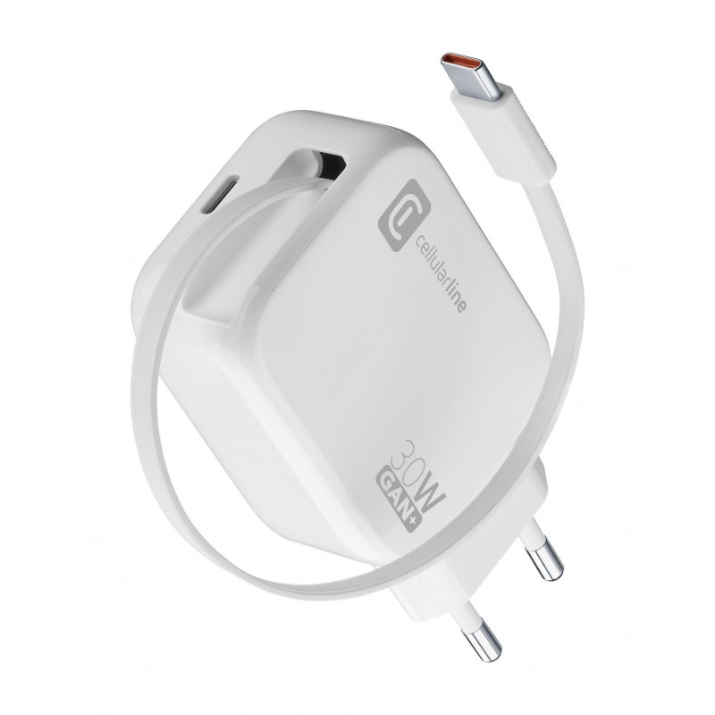 Cellularline Retractable Power 30W Kuulokkeet, Universaali Valkoinen AC Pikalataus Sisätila
