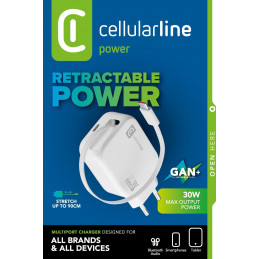 Cellularline Retractable Power 30W Kuulokkeet, Universaali Valkoinen AC Pikalataus Sisätila