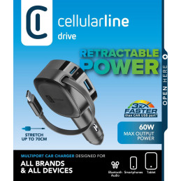 Cellularline Retractable Car Charger Kuulokkeet, Universaali Musta Tupakansytytin Pikalataus Auto