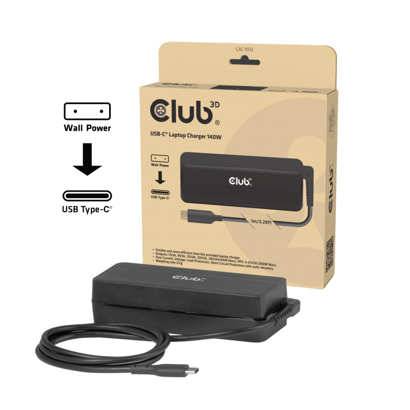 CLUB3D 140 W USB-C®-kannettavan tietokoneen laturi