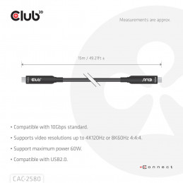 CLUB3D CAC-2580 USB-kaapeli 15 m USB C Musta